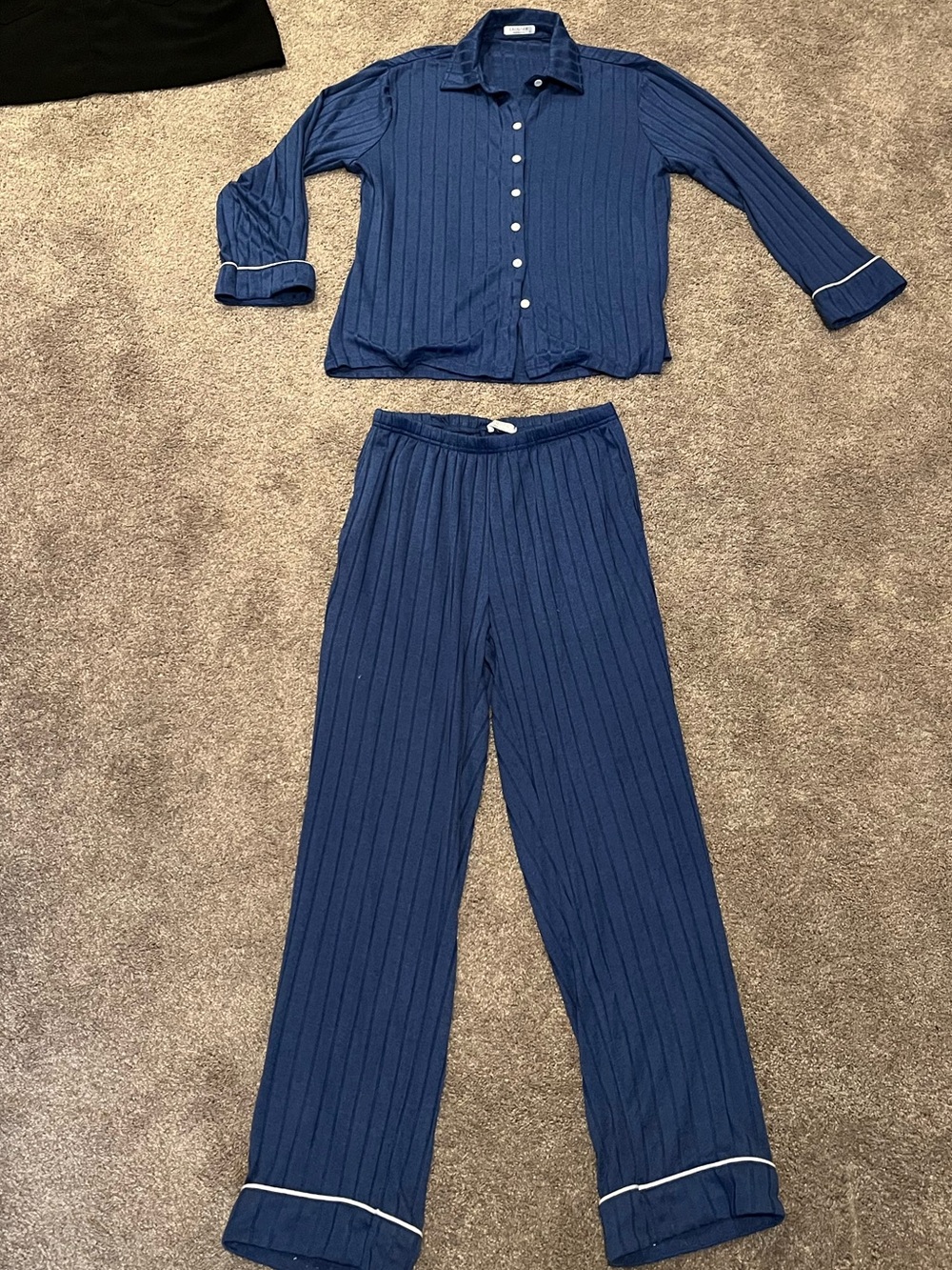 Ekouaer Blue Ribbed Two-Piece Pajama Set, Small
